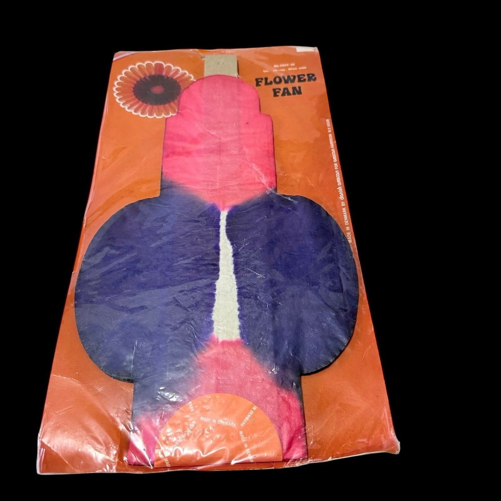 Vtg NIP Danish‎ Amscan Paper Flower Fan  26.5" Purple & Orange Groovy Retro
